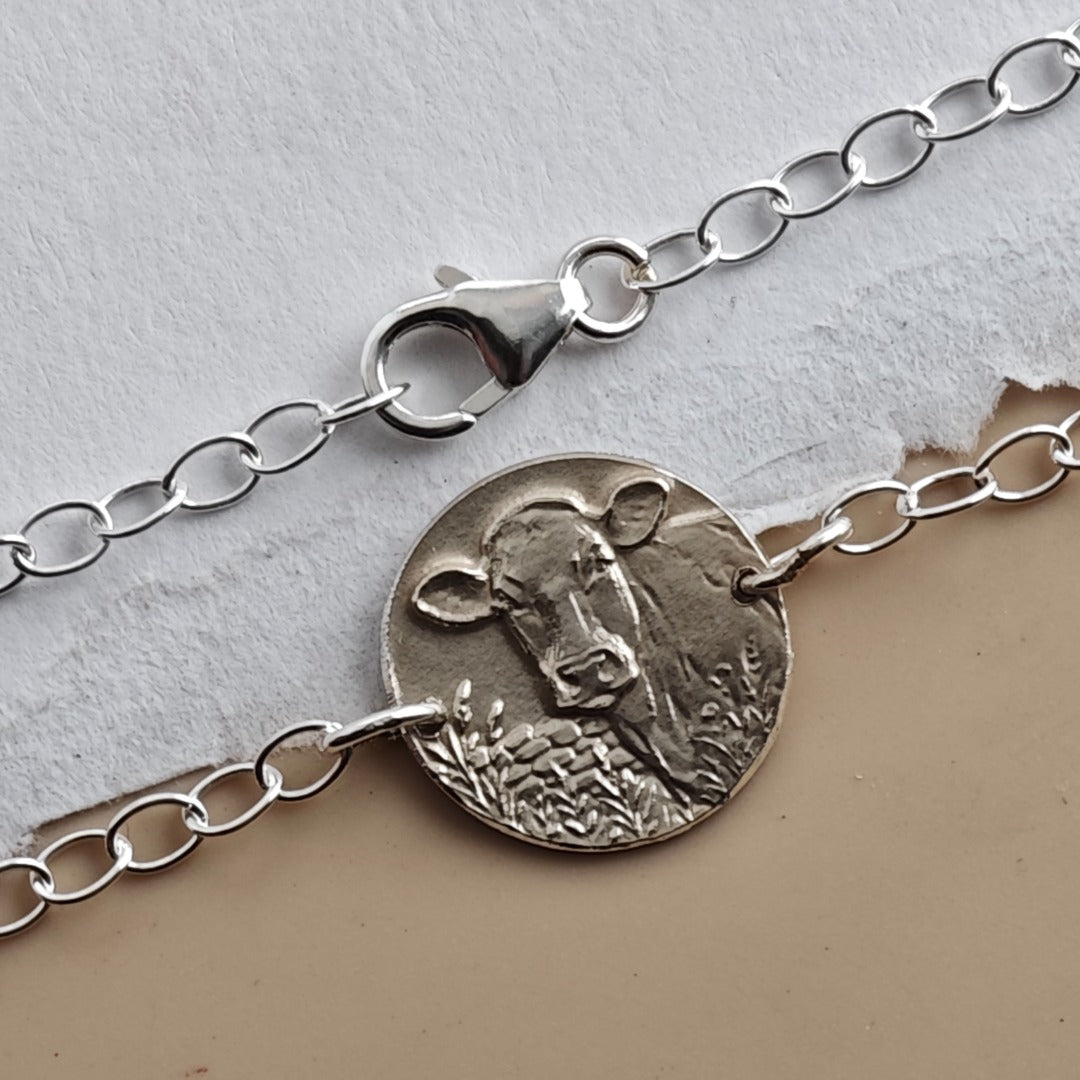 Cow Engraved Sterling Silver Coin Bracelet