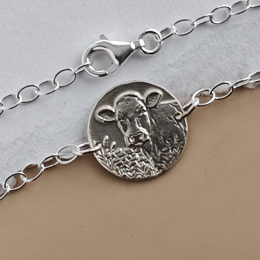 Cow Engraved Sterling Silver Coin Bracelet