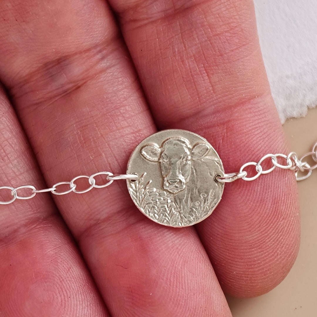 Cow Engraved Sterling Silver Coin Bracelet