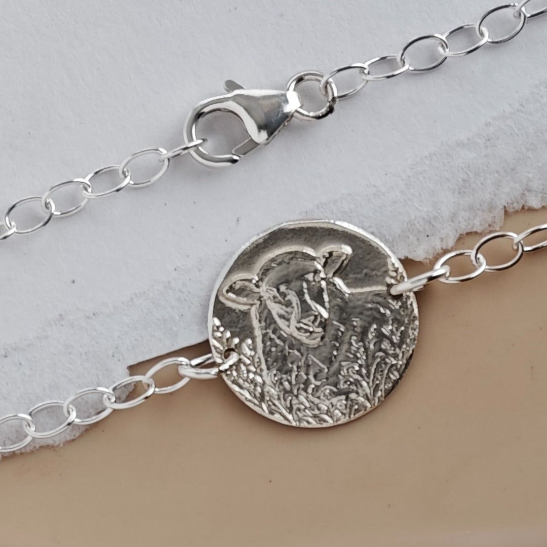Sheep Engraved Sterling Silver Coin Bracelet