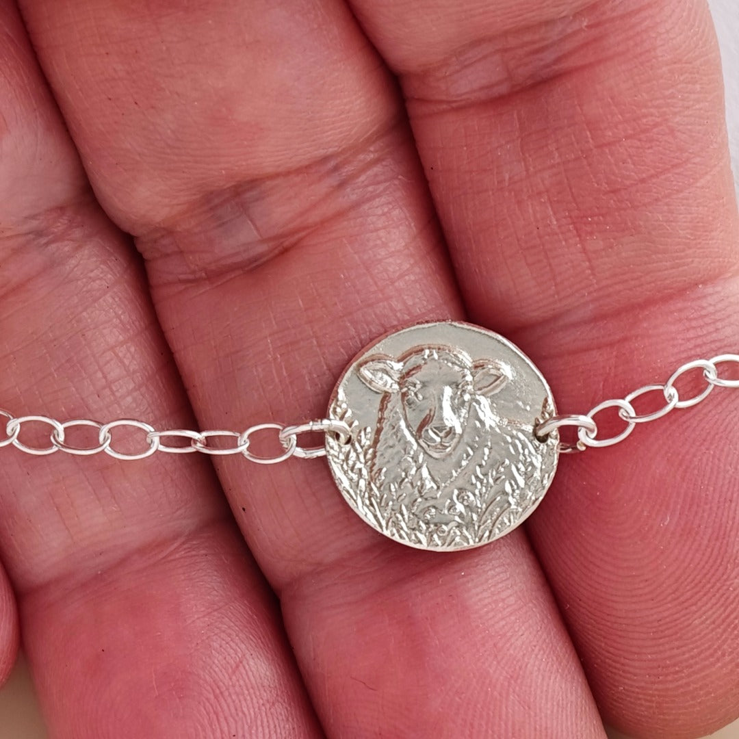 Sheep Engraved Sterling Silver Coin Bracelet