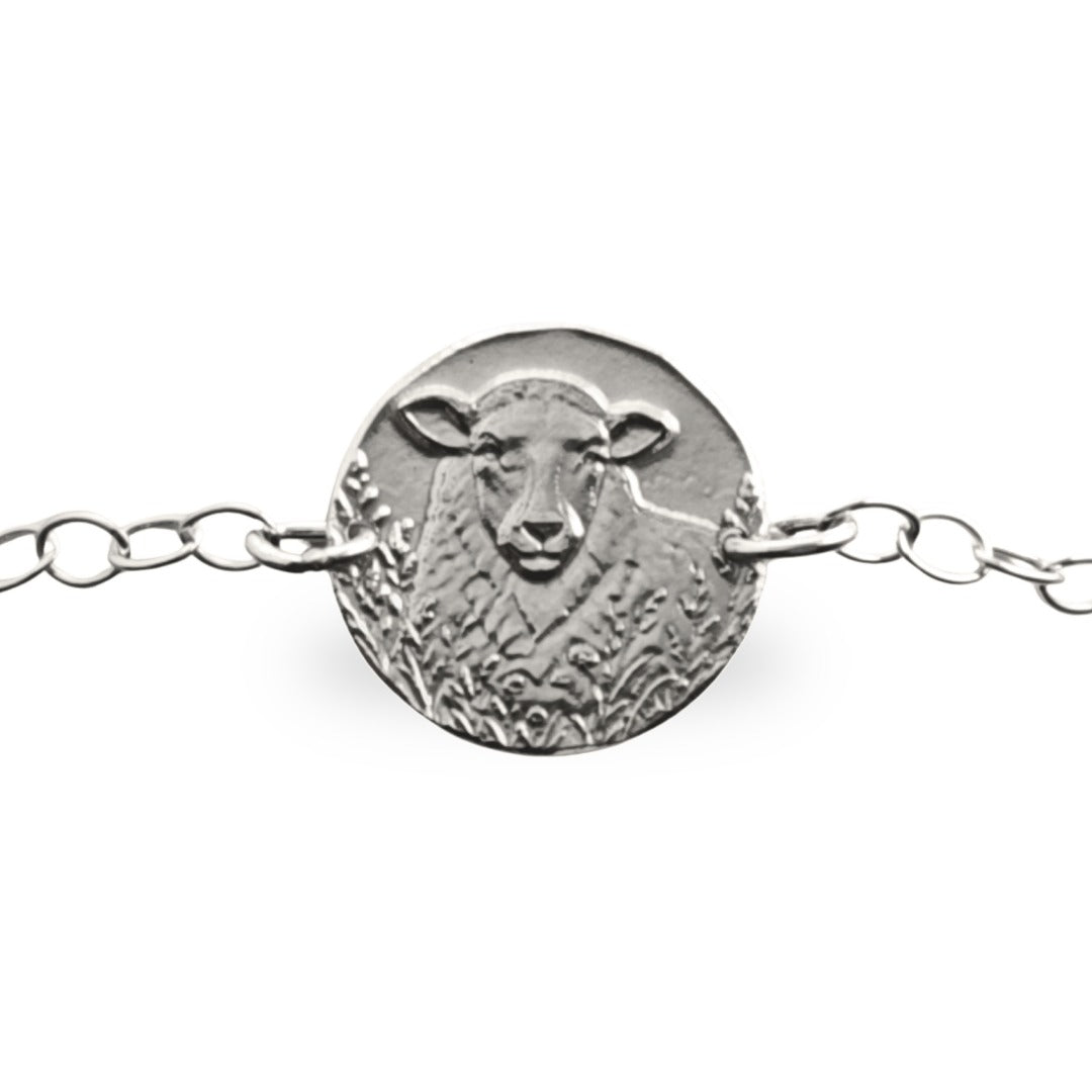 Sheep Engraved Sterling Silver Coin Bracelet