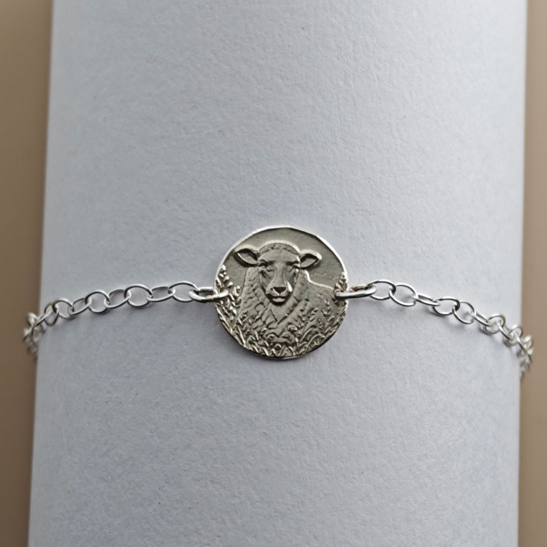 Sheep Engraved Sterling Silver Coin Bracelet
