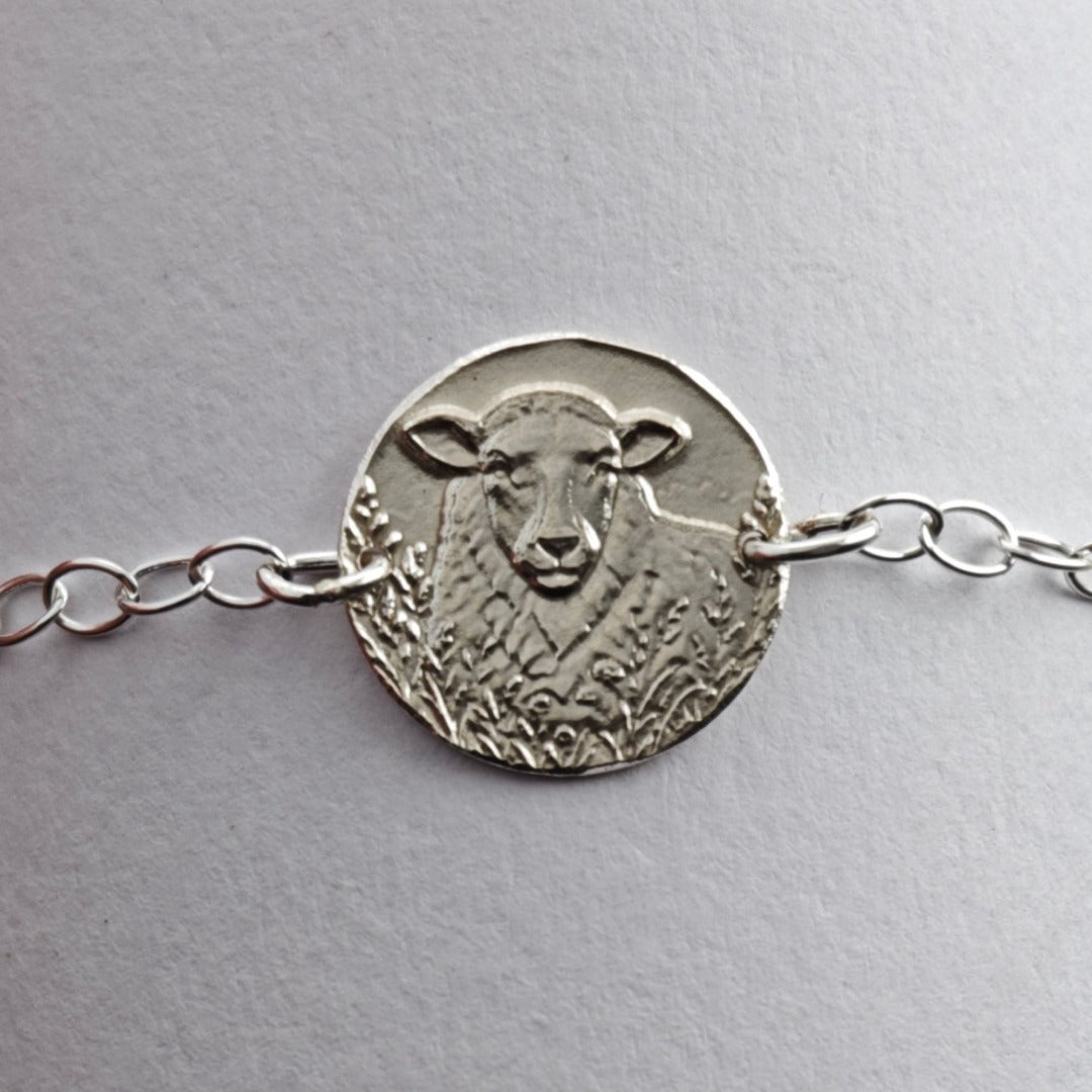 Sheep Engraved Sterling Silver Coin Bracelet