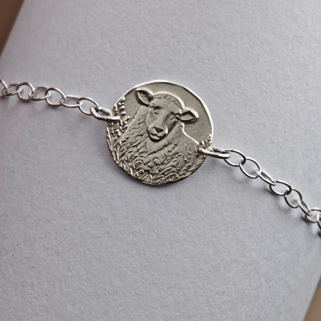 Sheep Engraved Sterling Silver Coin Bracelet