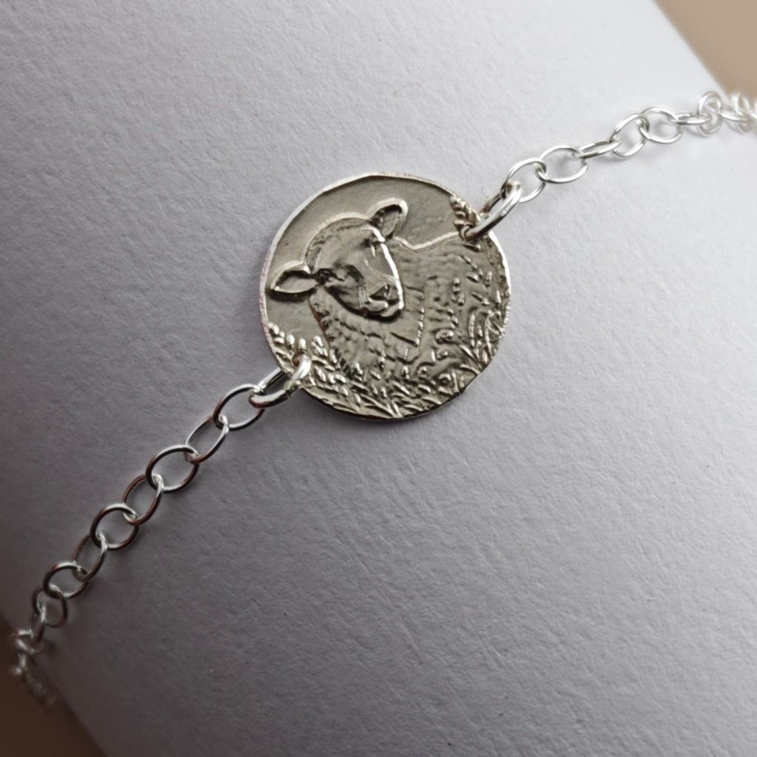 Sheep Engraved Sterling Silver Coin Bracelet