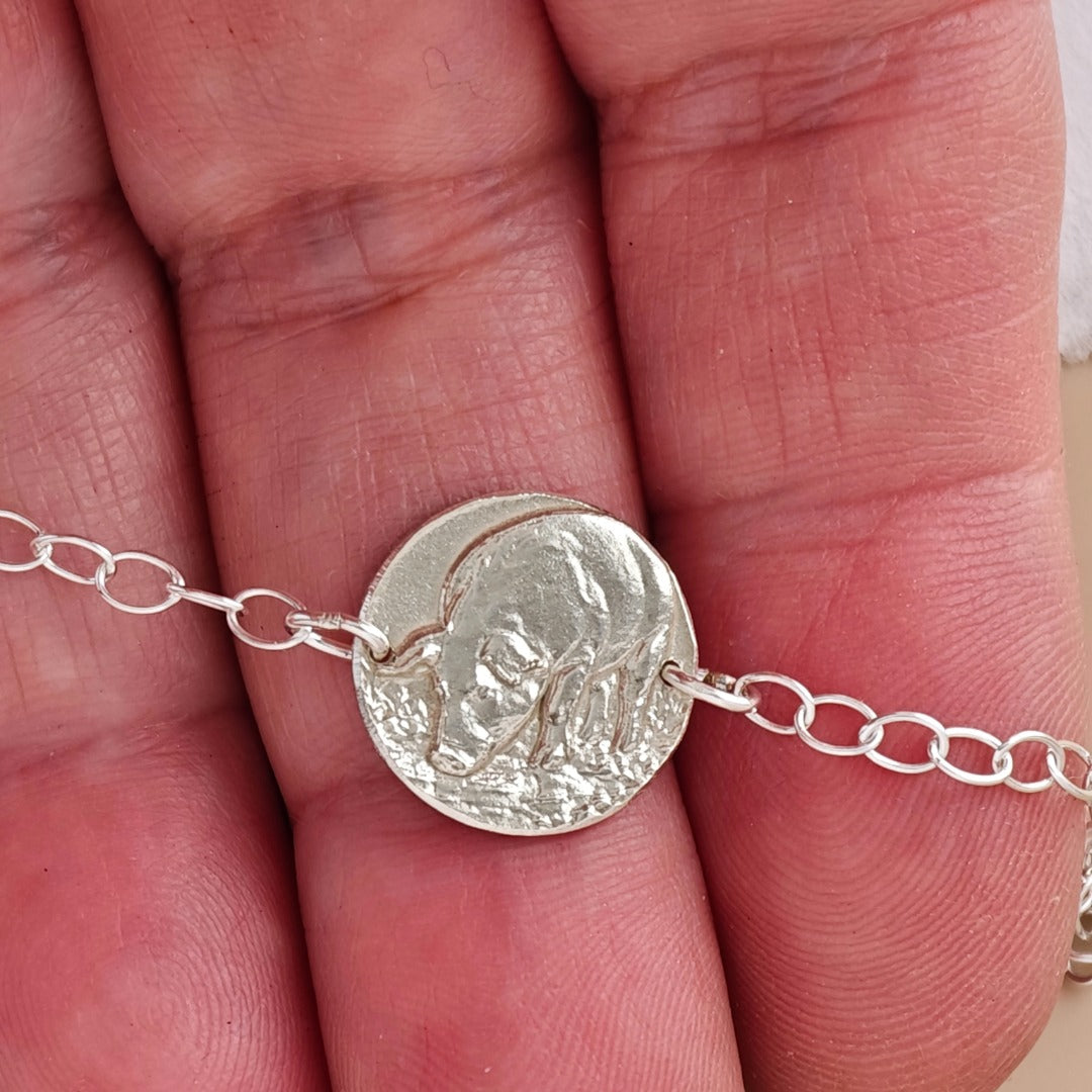 Pig Engraved Sterling Silver Coin Bracelet
