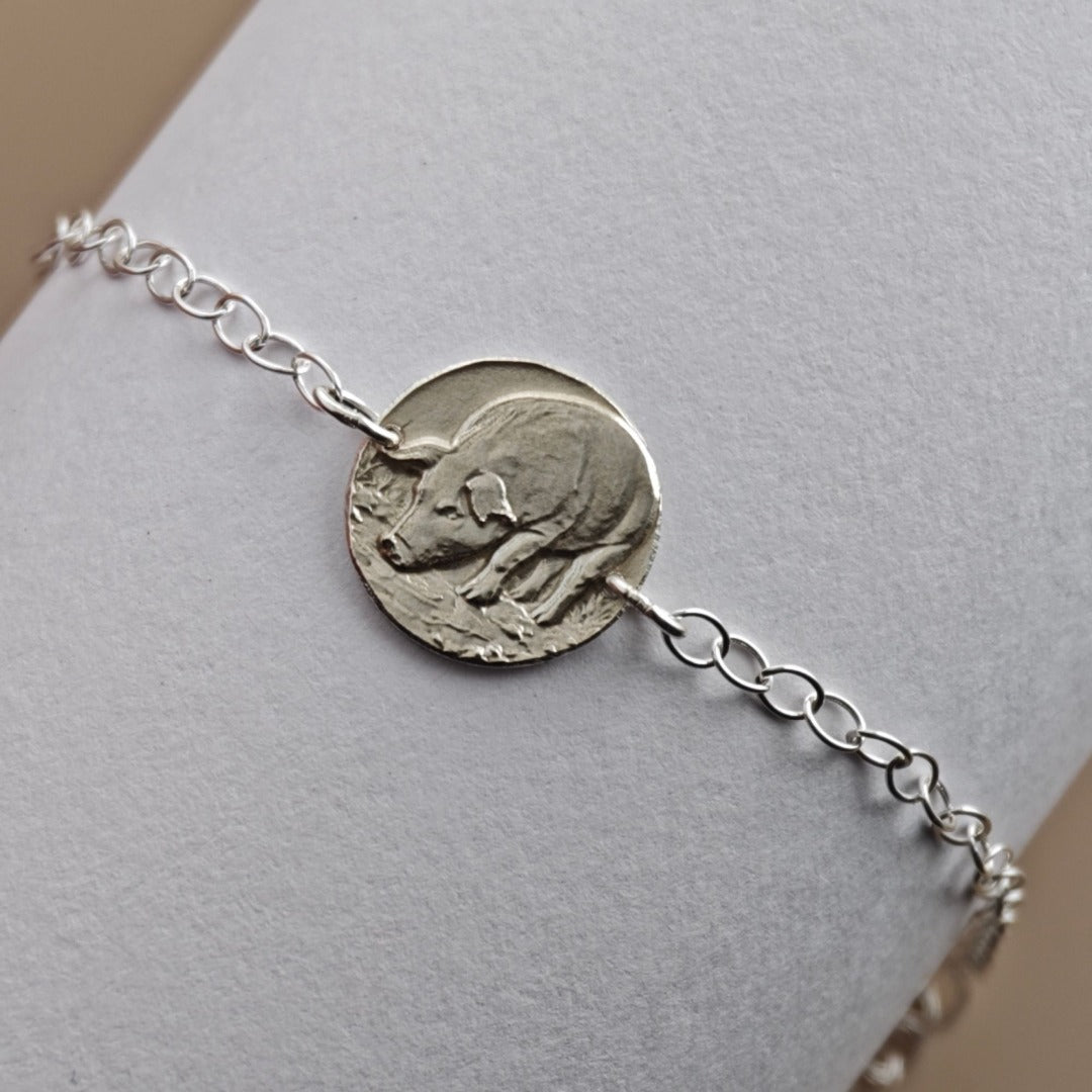 Pig Engraved Sterling Silver Coin Bracelet