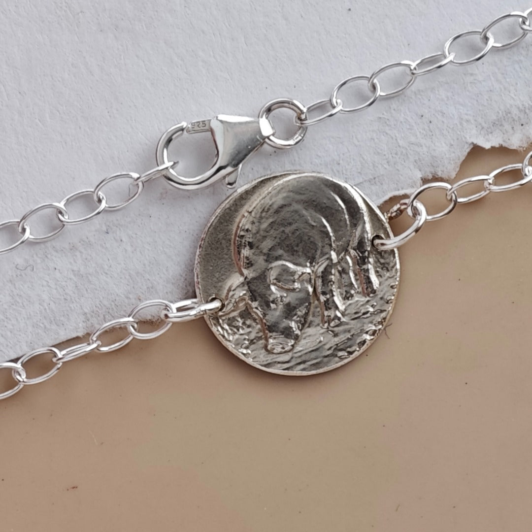 Pig Engraved Sterling Silver Coin Bracelet