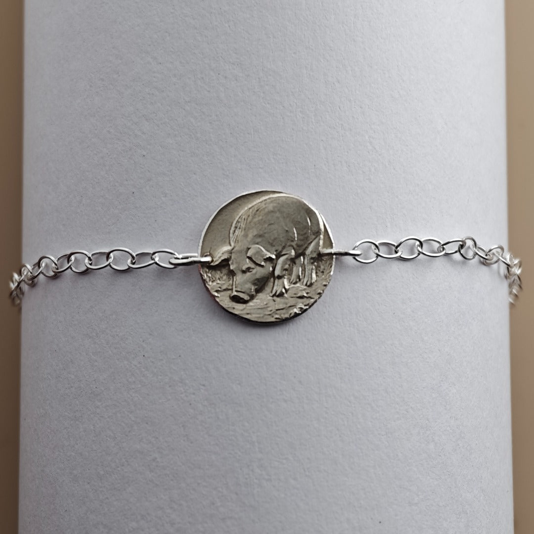 Pig Engraved Sterling Silver Coin Bracelet