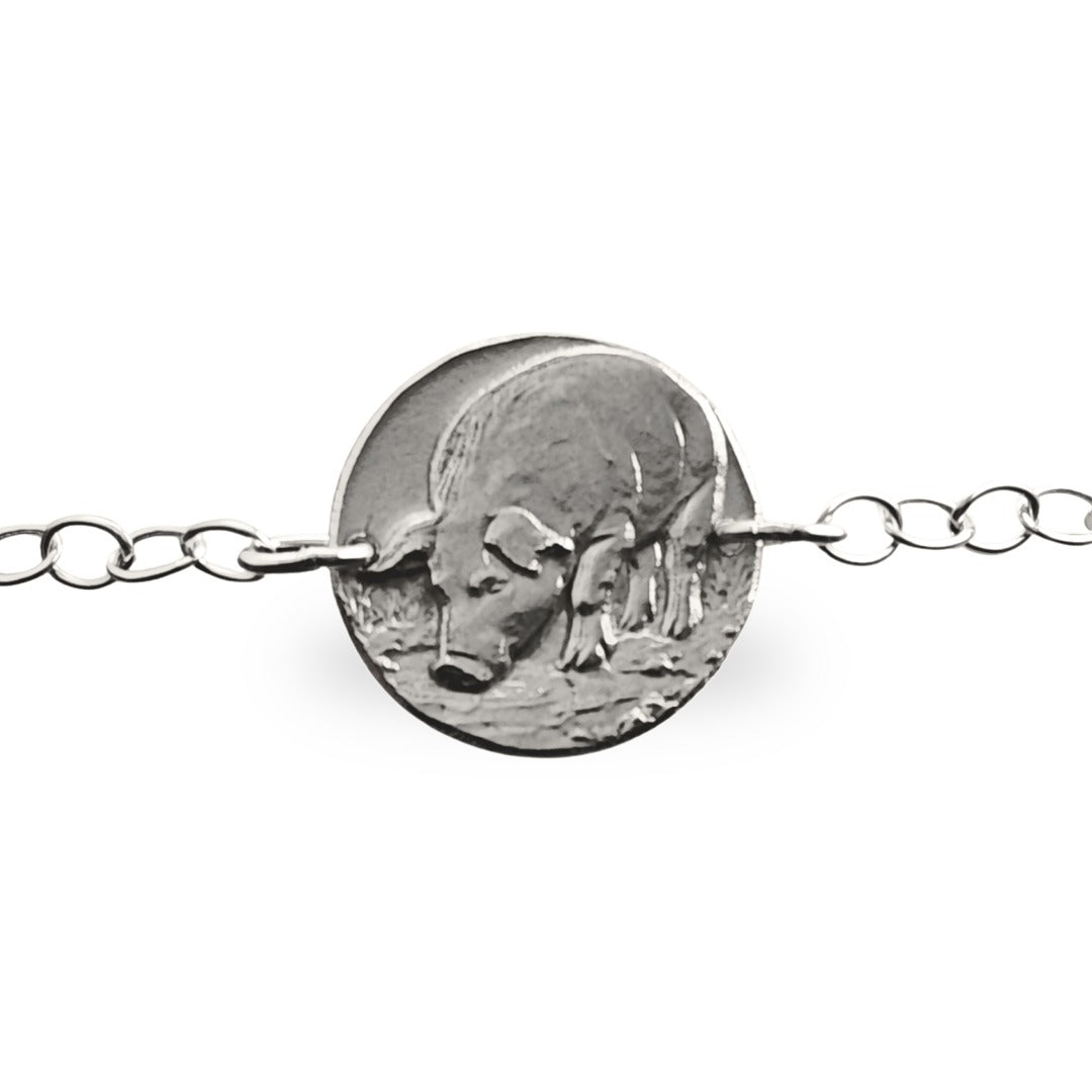 Pig Engraved Sterling Silver Coin Bracelet