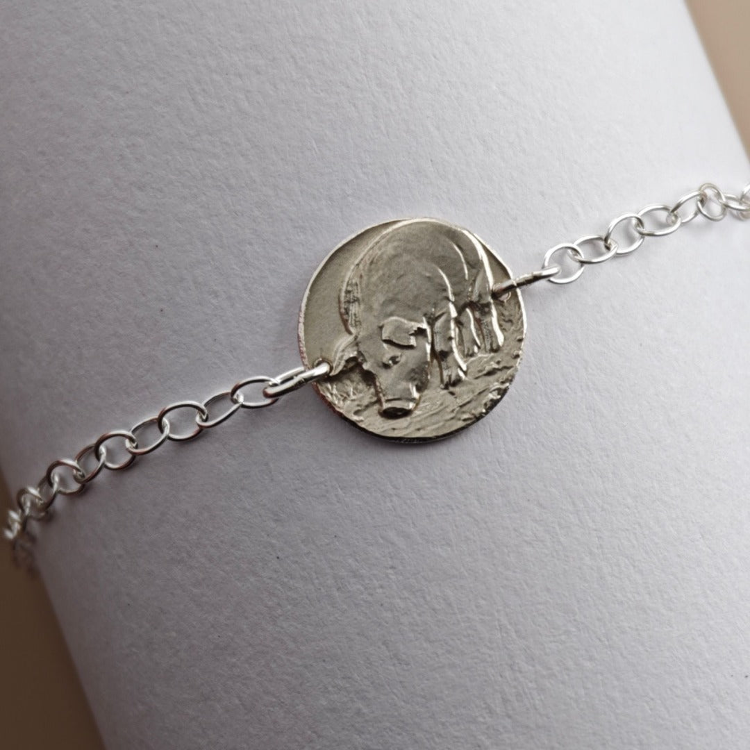Pig Engraved Sterling Silver Coin Bracelet