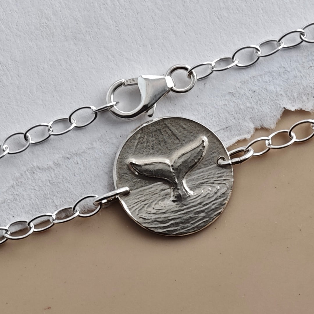 Whale Tail Engraved Sterling Silver Coin Bracelet