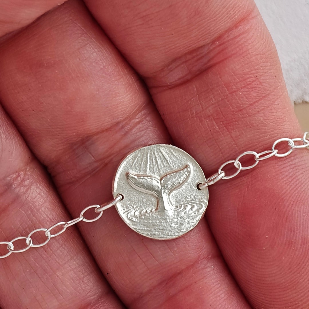Whale Tail Engraved Sterling Silver Coin Bracelet