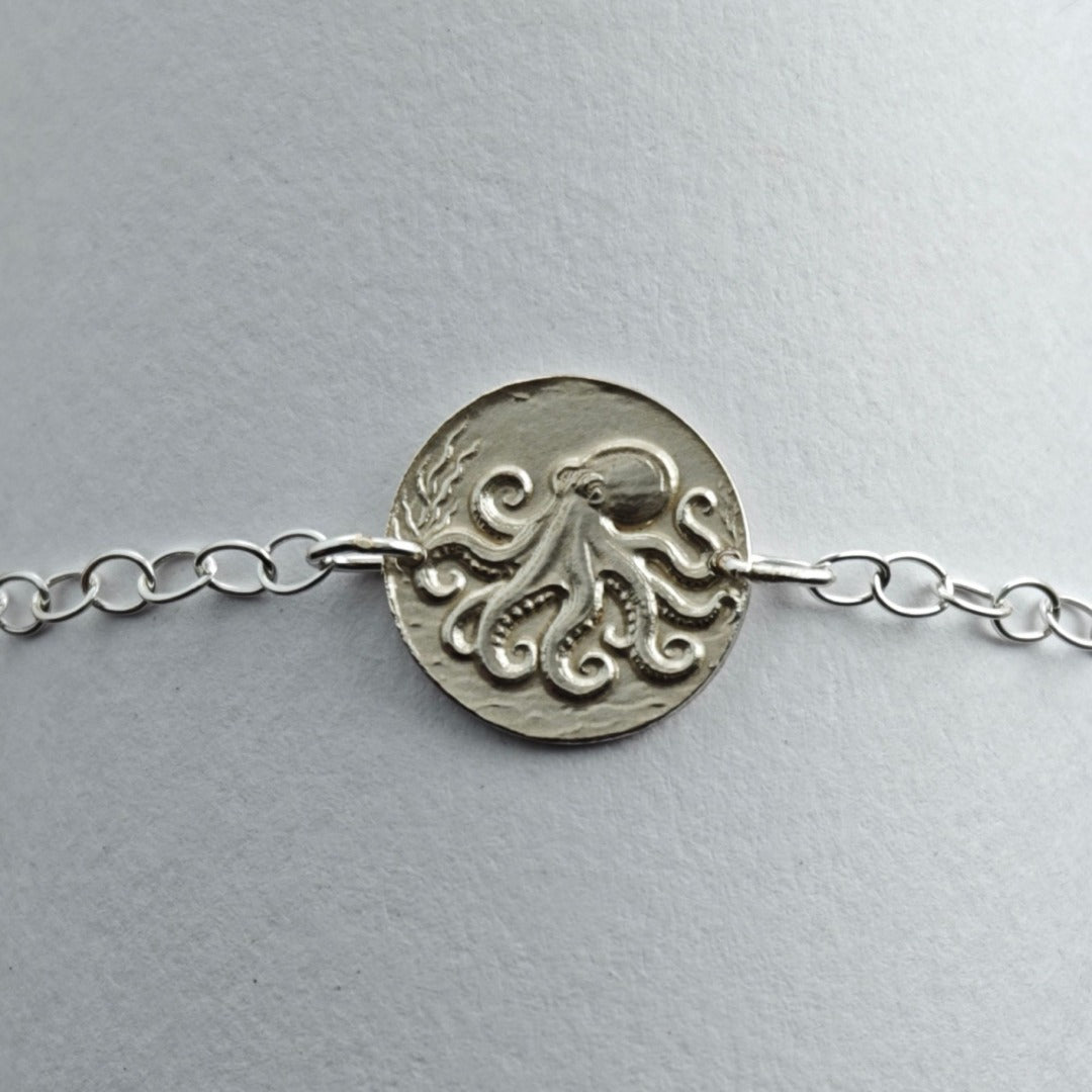 Octopus Engraved Sterling Silver Coin Bracelet