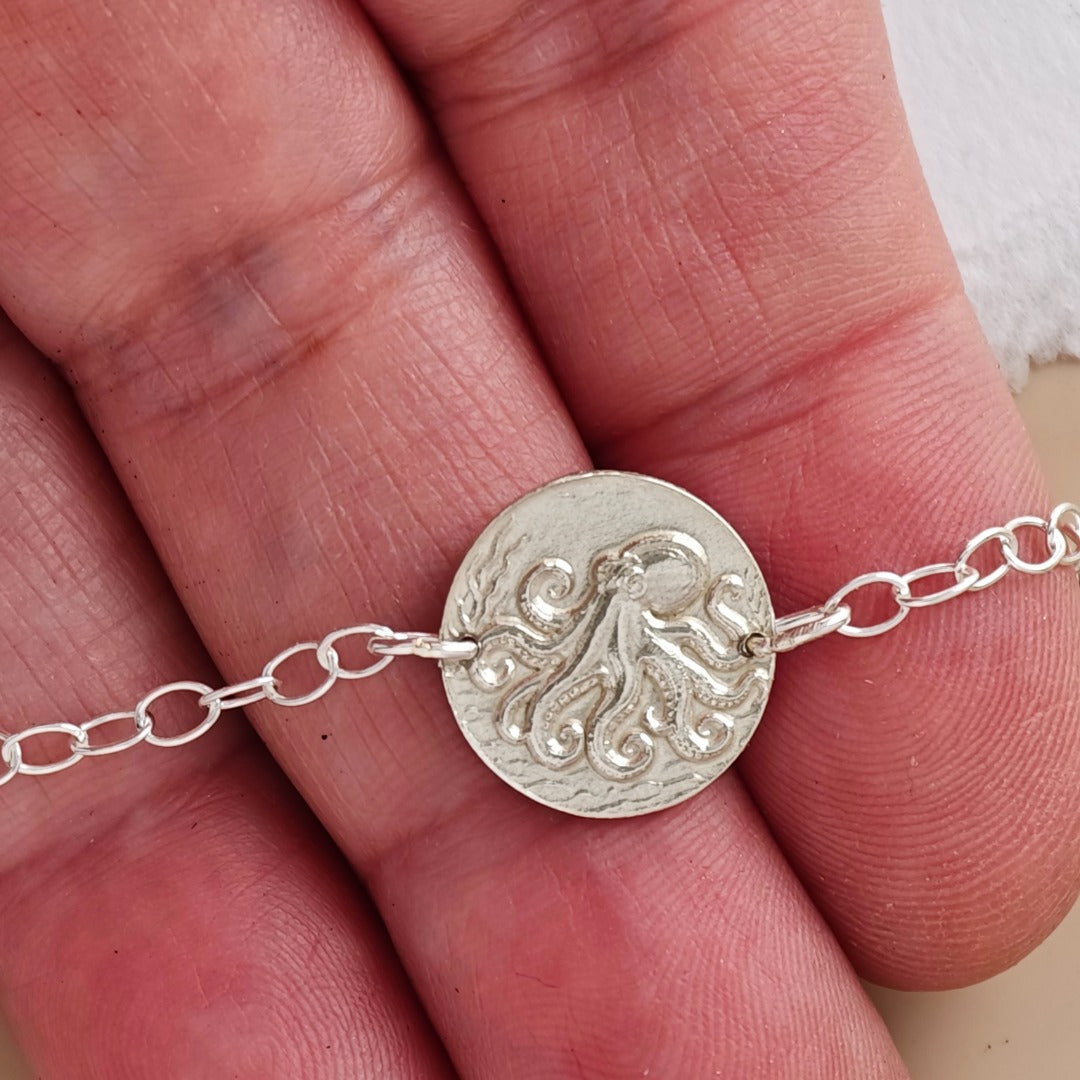 Octopus Engraved Sterling Silver Coin Bracelet