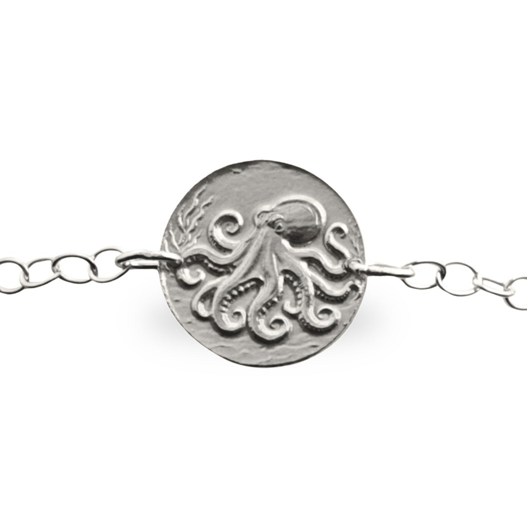 Octopus Engraved Sterling Silver Coin Bracelet