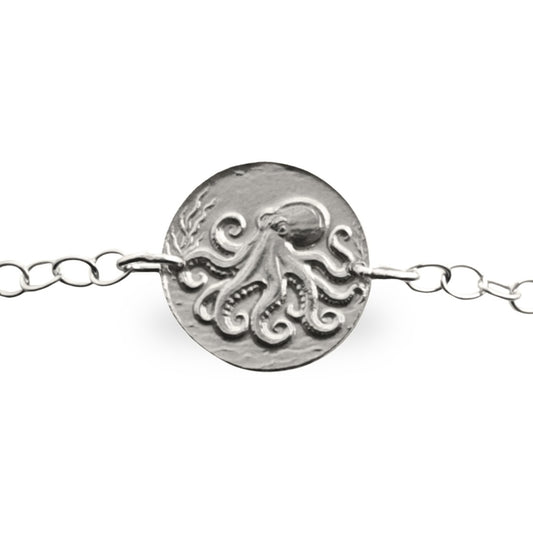 Octopus engraved sterling silver coin bracelet by Ojewellery
