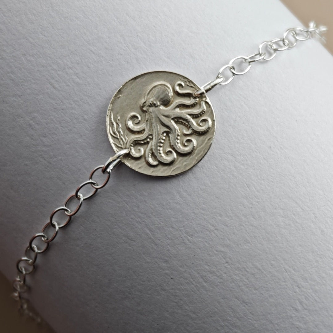 Octopus Engraved Sterling Silver Coin Bracelet