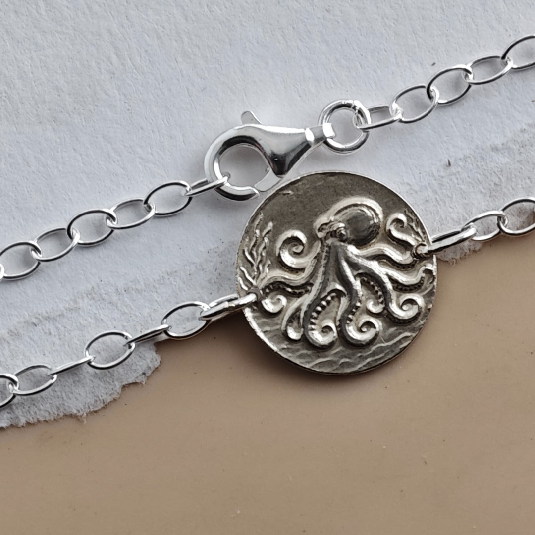 Octopus Engraved Sterling Silver Coin Bracelet