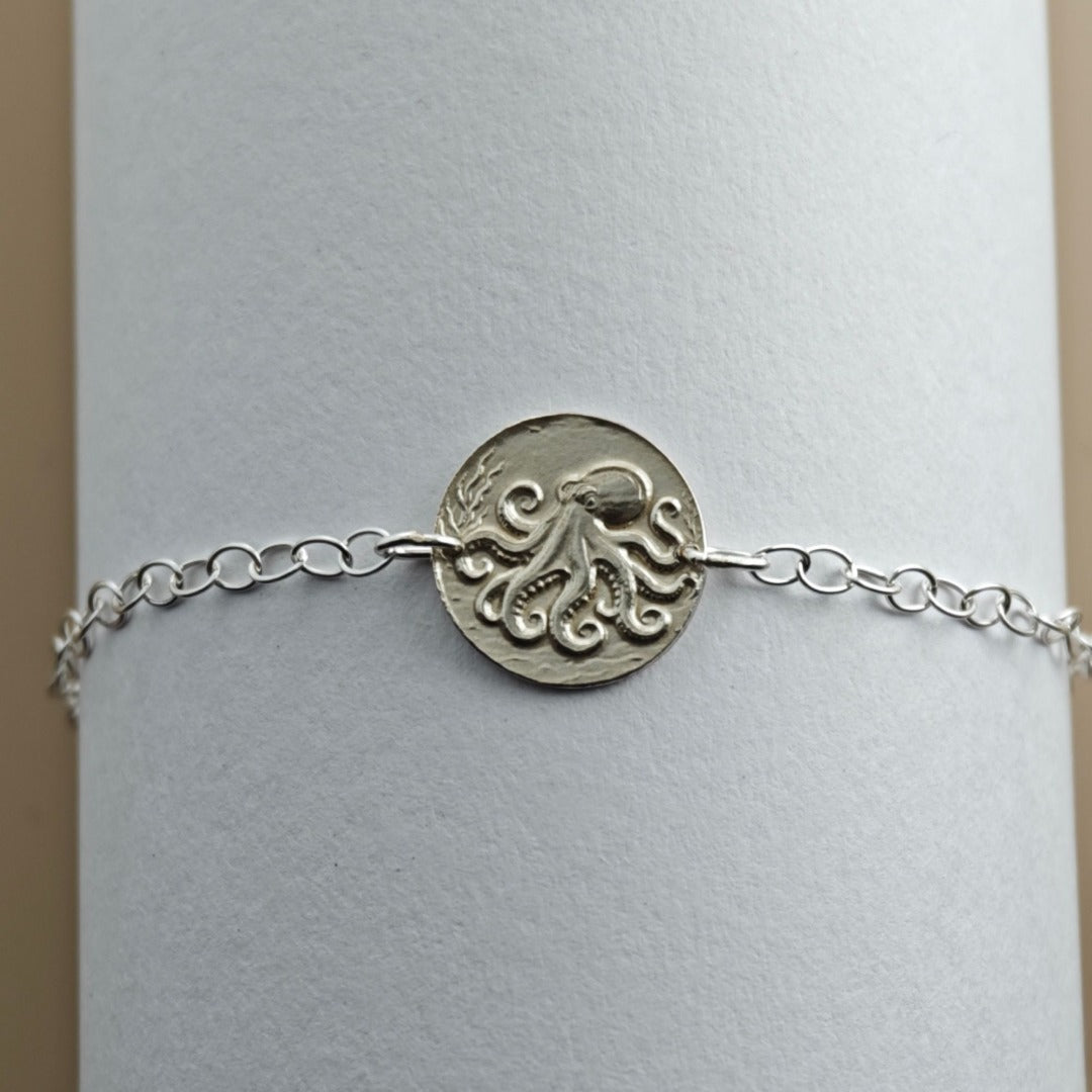 Octopus Engraved Sterling Silver Coin Bracelet