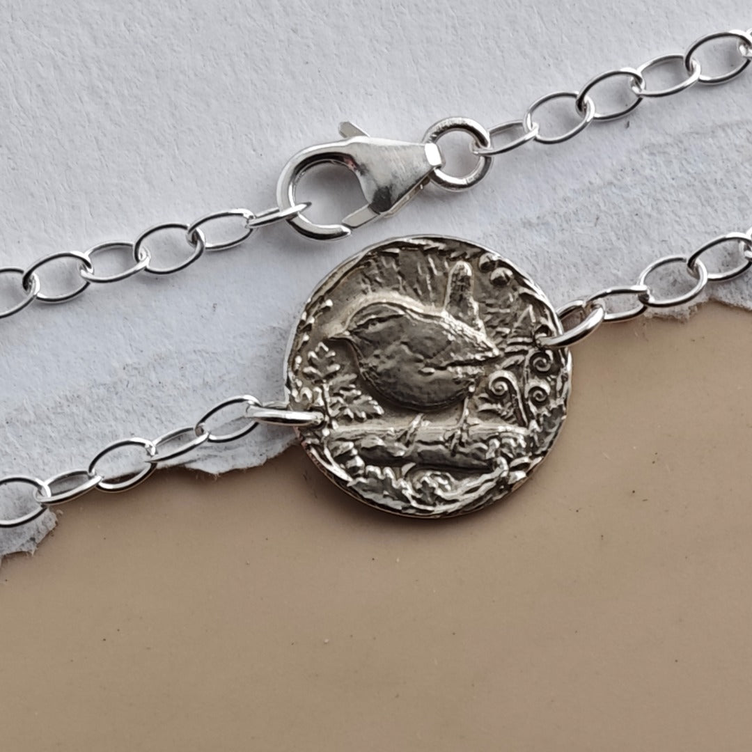Wren Engraved Sterling Silver Coin Bracelet