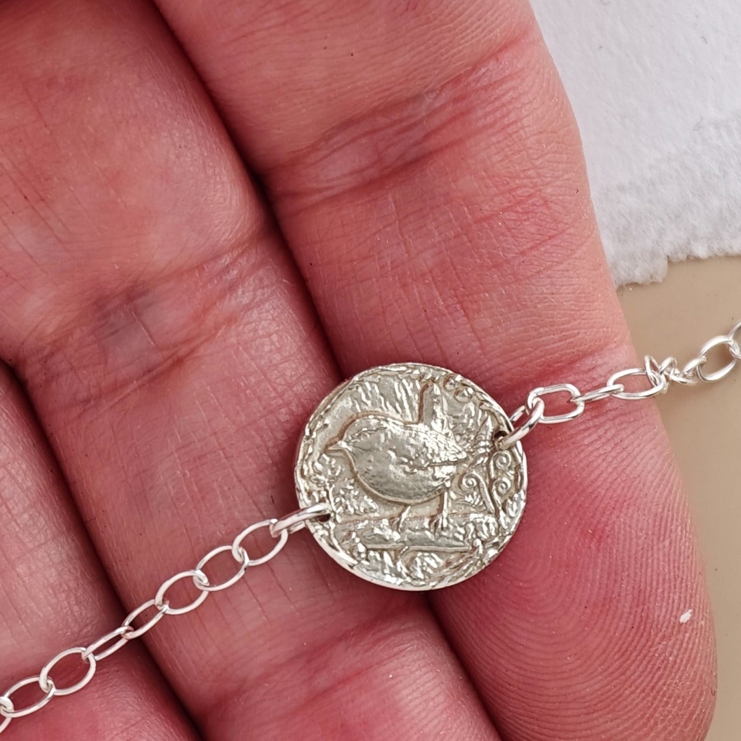 Wren Engraved Sterling Silver Coin Bracelet