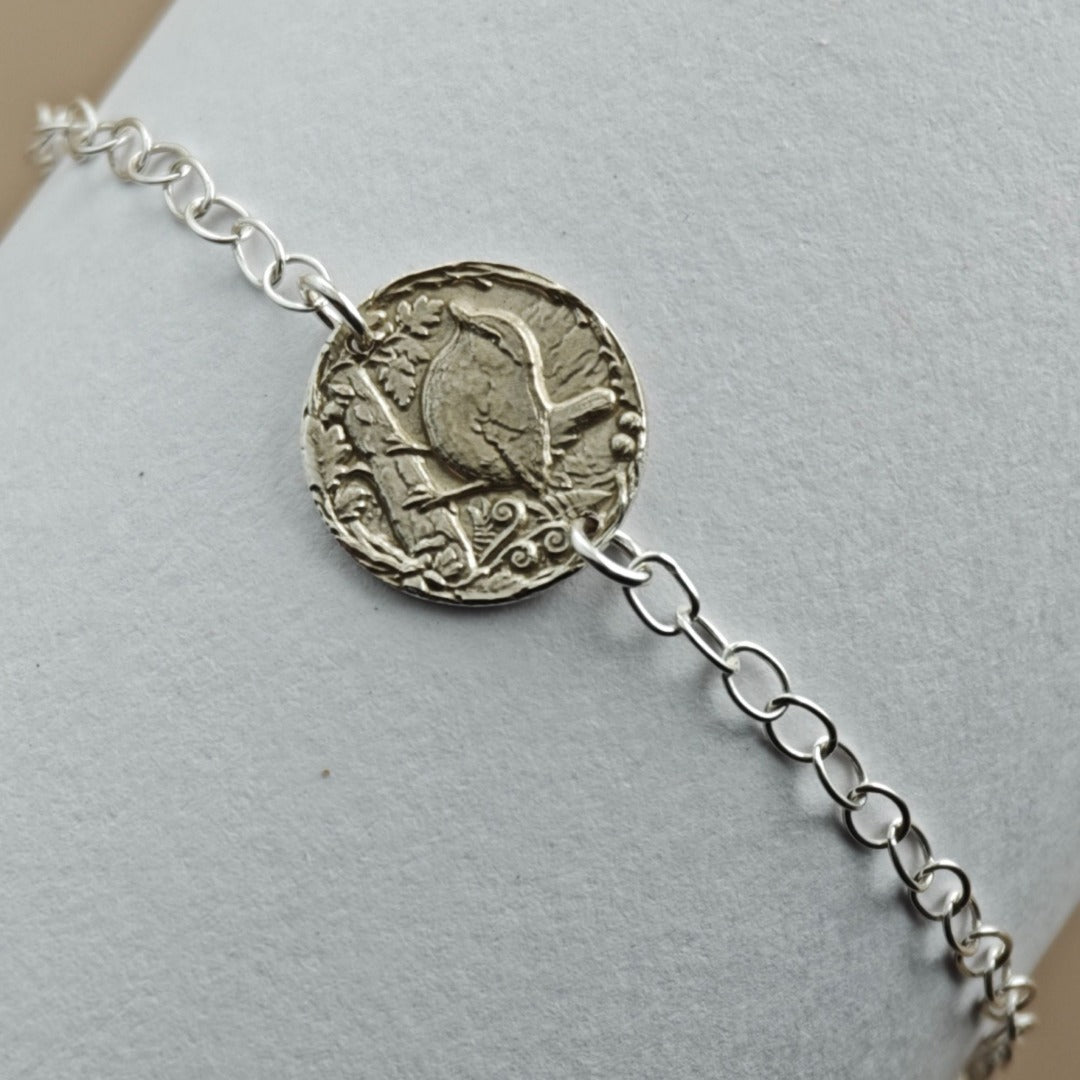 Wren Engraved Sterling Silver Coin Bracelet