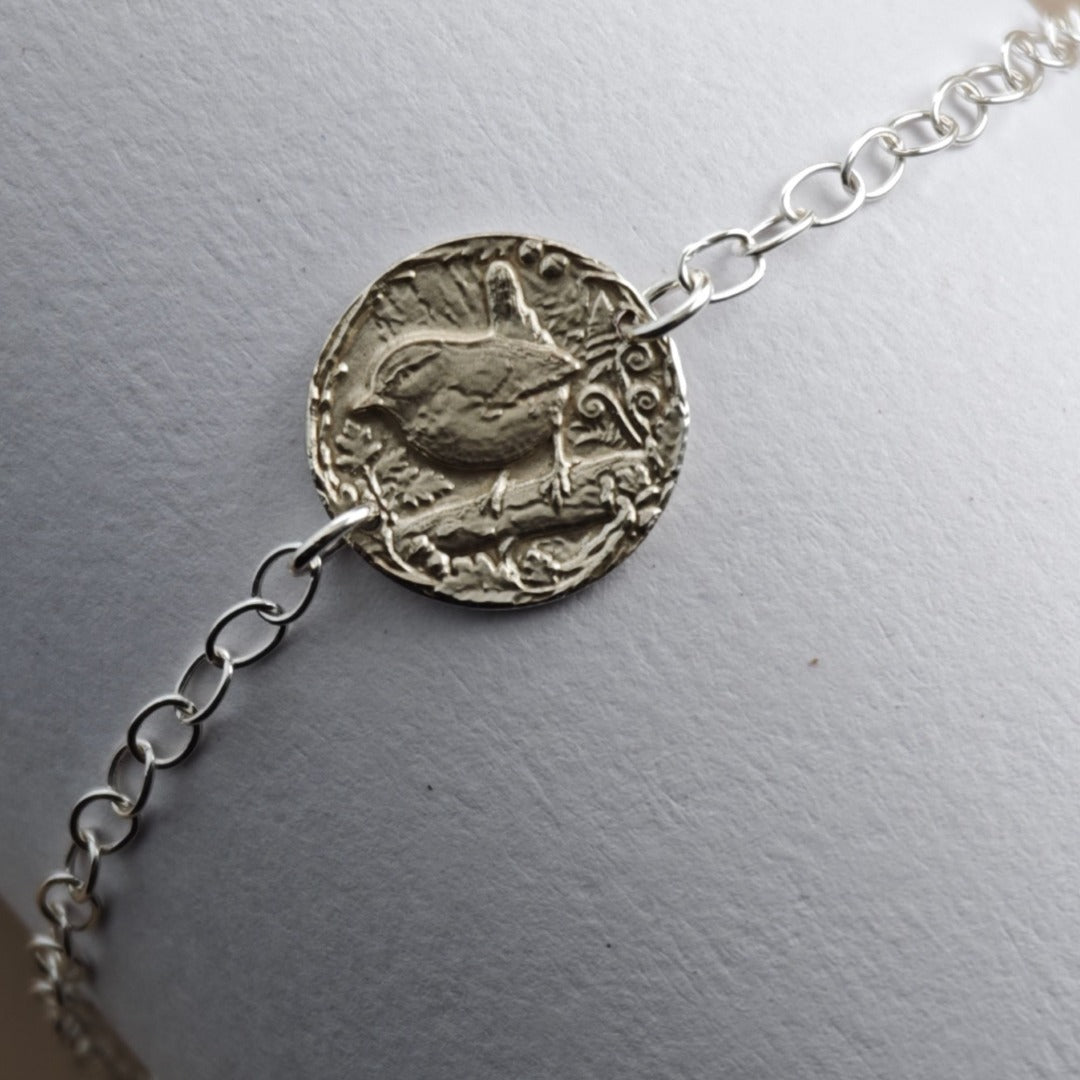 Wren Engraved Sterling Silver Coin Bracelet