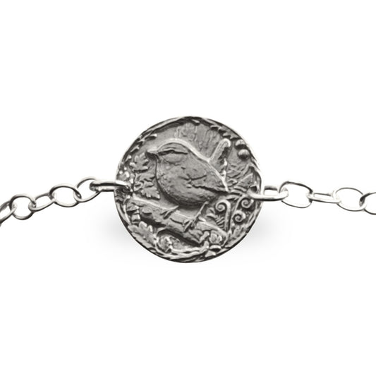 Wren engraved sterling silver coin bracelet by Ojewellery
