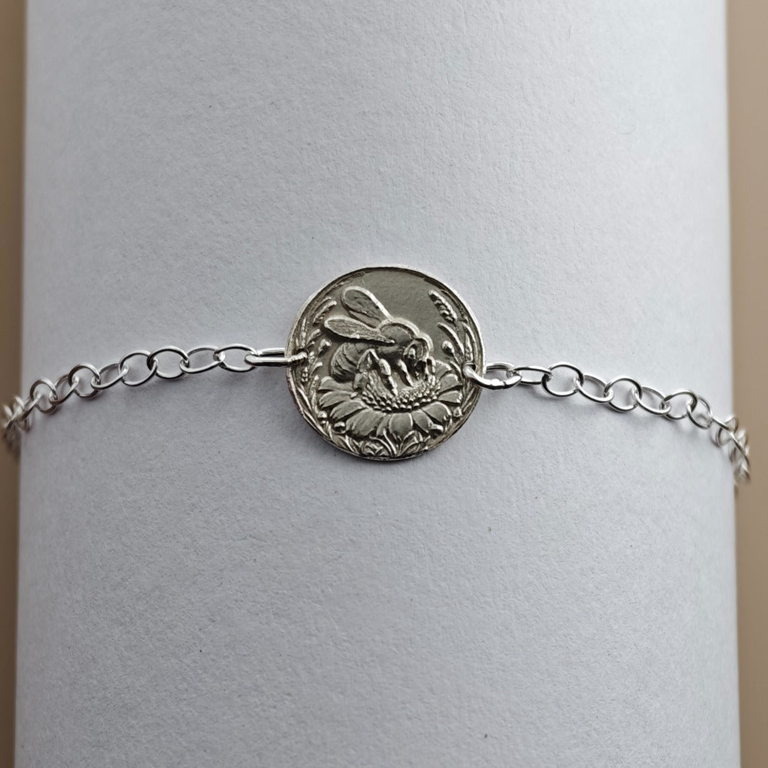 Bee Engraved Sterling Silver Coin Bracelet