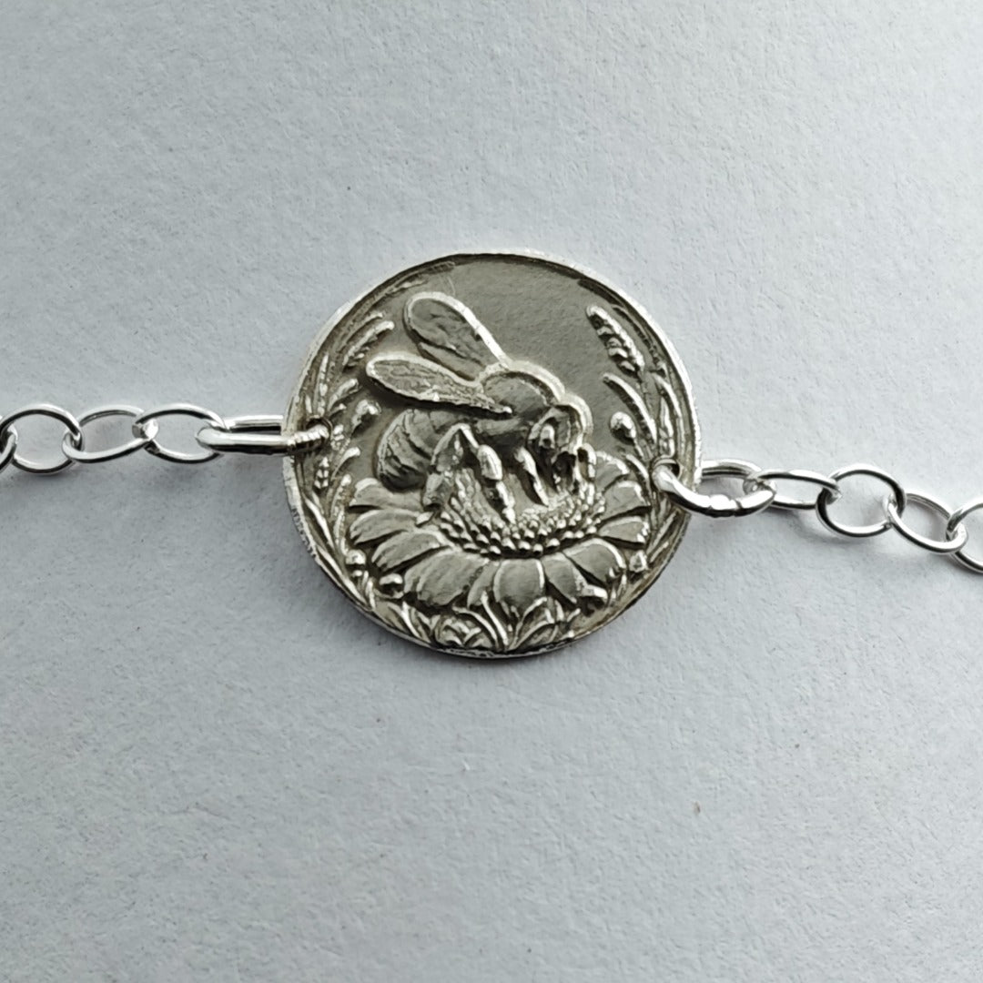 Bee Engraved Sterling Silver Coin Bracelet