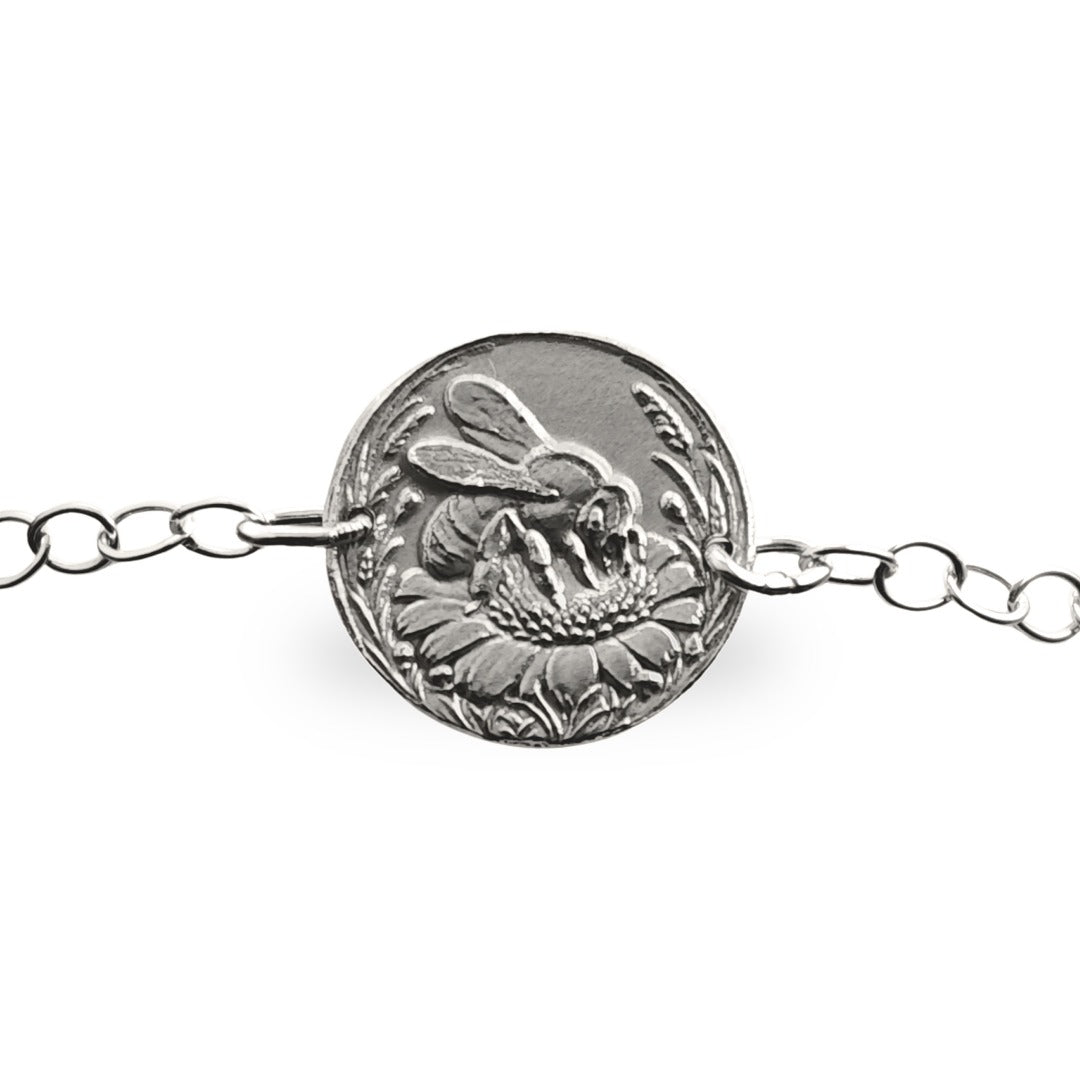 Bee engraved sterling silver coin bracelet by Ojewellery
