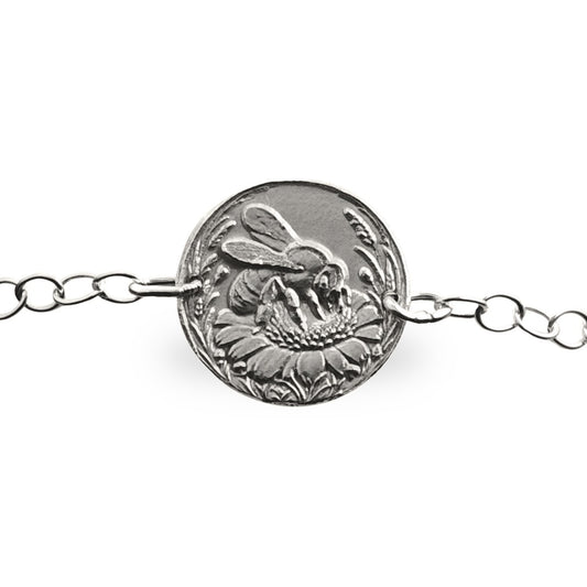 Bee engraved sterling silver coin bracelet by Ojewellery