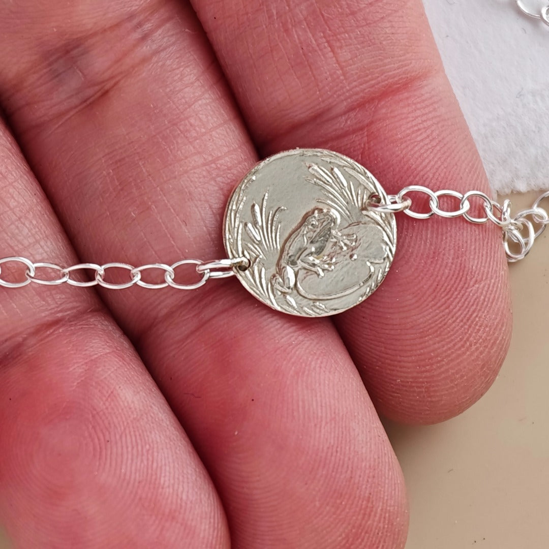 Frog Engraved Sterling Silver Coin Bracelet
