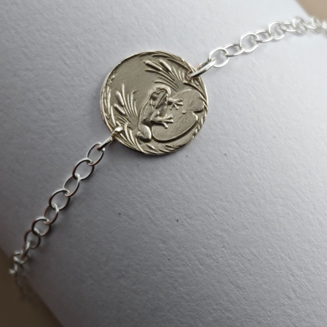 Frog Engraved Sterling Silver Coin Bracelet