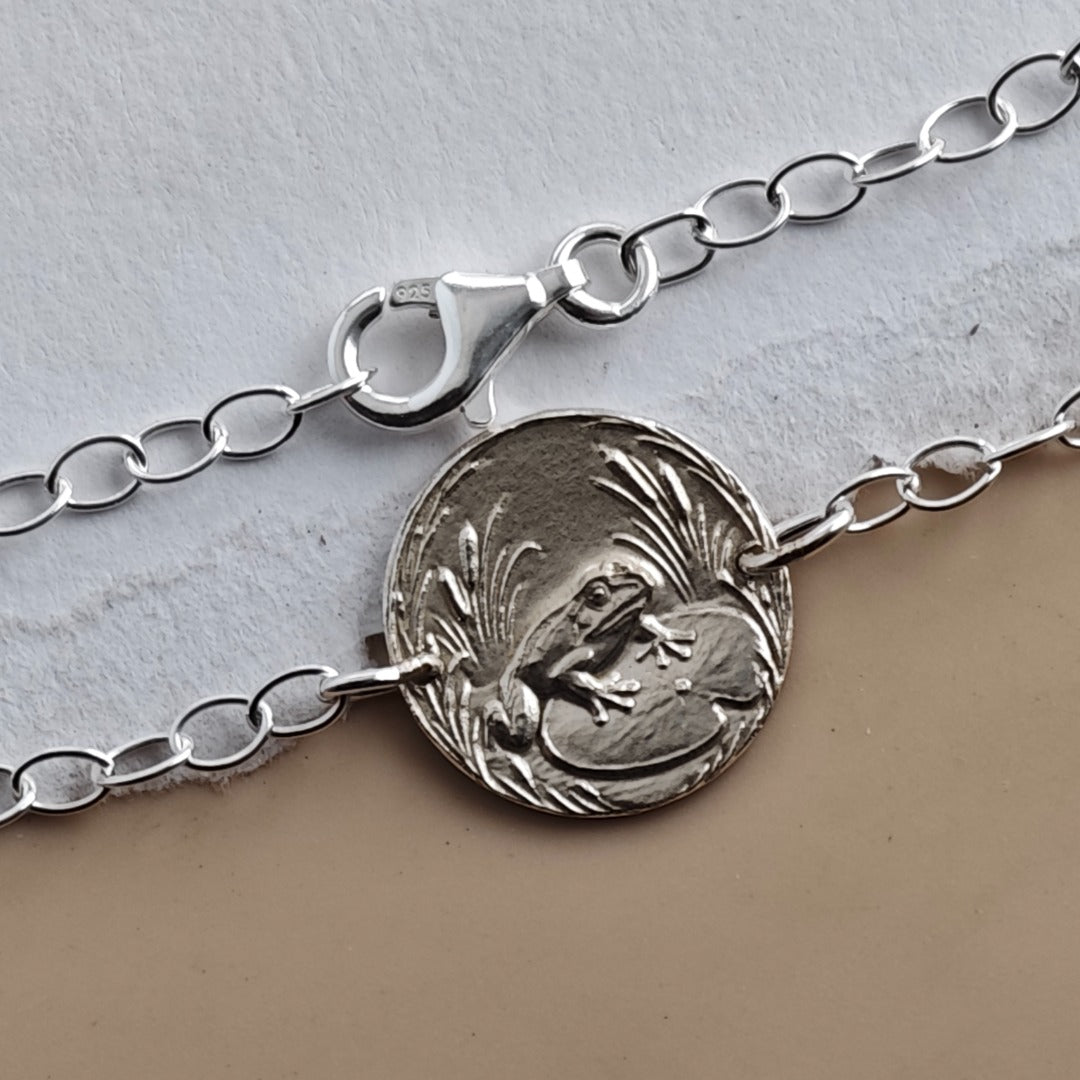Frog Engraved Sterling Silver Coin Bracelet
