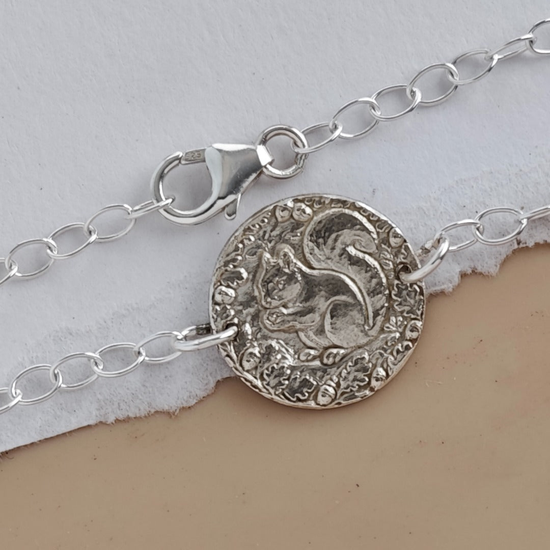 Squirrel Engraved Sterling Silver Coin Bracelet