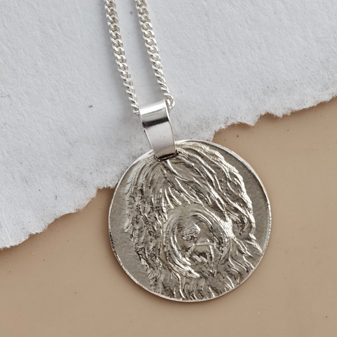 Shaggy Sheepdog Engraved Sterling Silver Coin Necklace