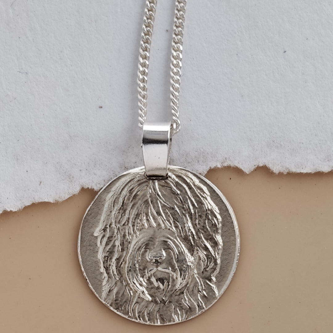 Shaggy Sheepdog Engraved Sterling Silver Coin Necklace