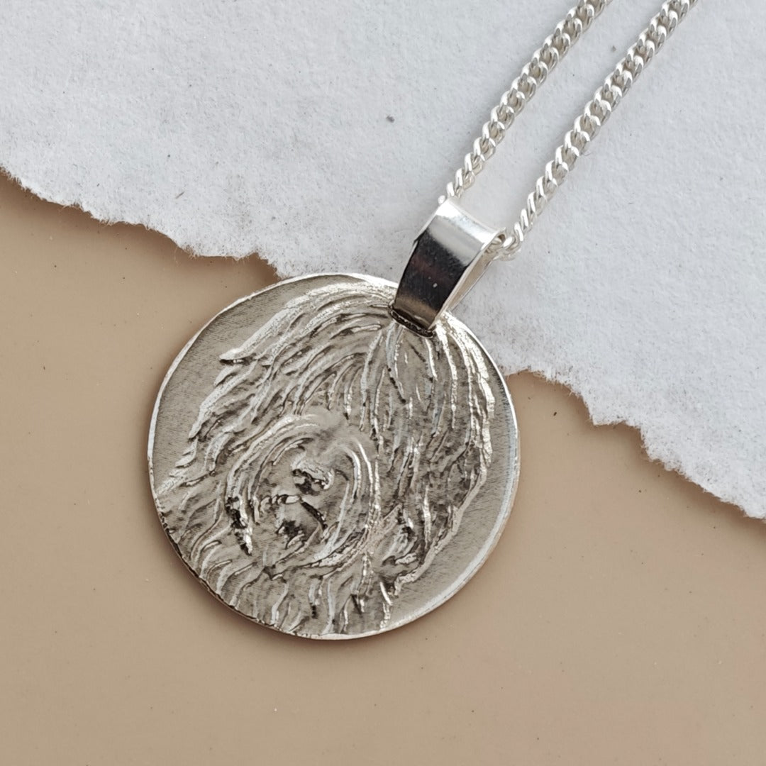 Shaggy Sheepdog Engraved Sterling Silver Coin Necklace