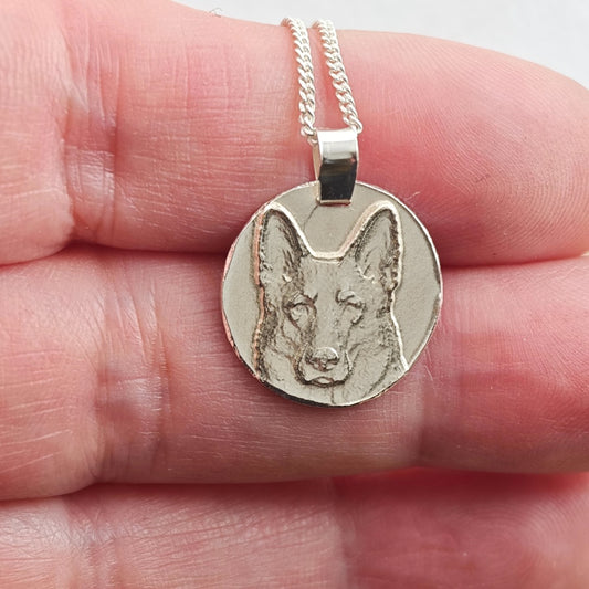 Alsatian German Shepherd coin pendant necklace in recycled sterling silver by Ojewellery