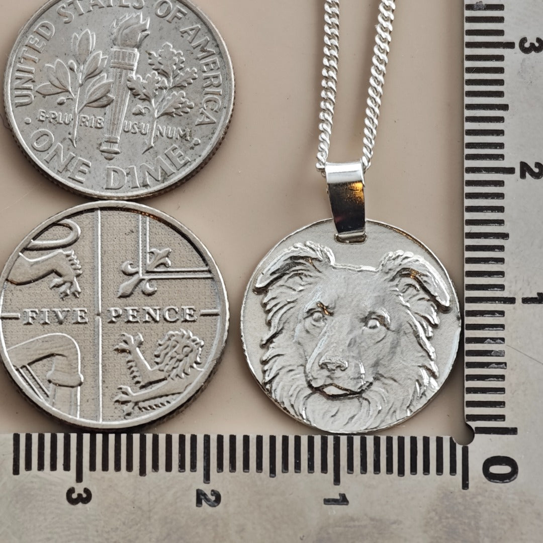 Border Collie Coin Pendant Necklace, Recycled Sterling Silver