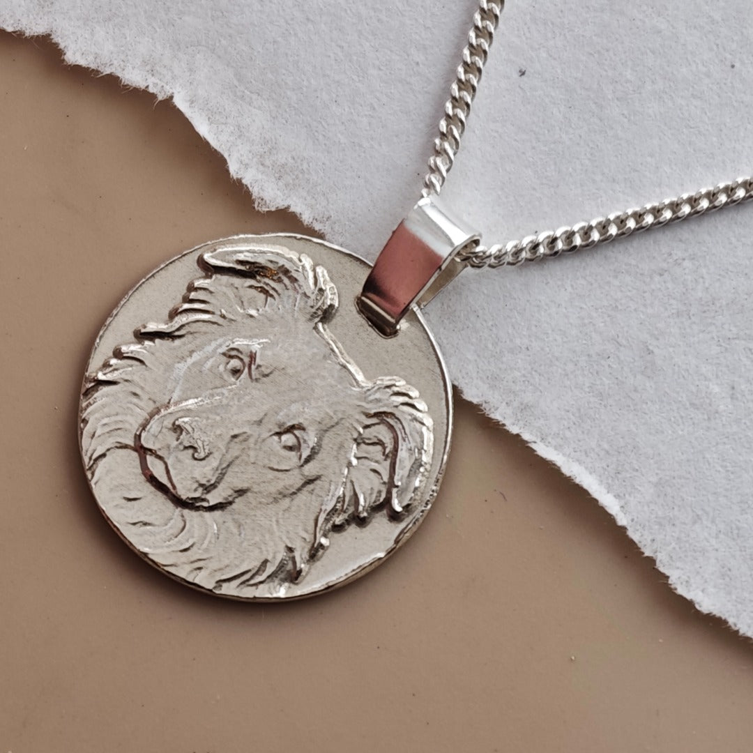 Border Collie Coin Pendant Necklace, Recycled Sterling Silver