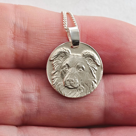 Border Collie coin pendant necklace in recycled sterling silver by Ojewellery