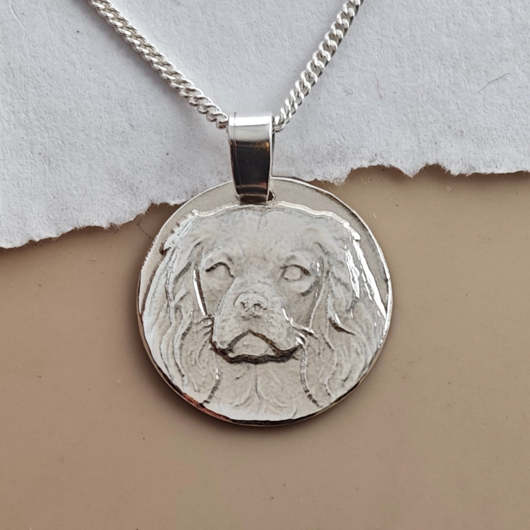 Cavalier King Charles Spaniel Coin Pendant Necklace, Recycled Sterling Silver