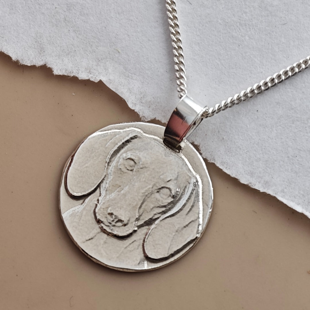 Smooth Haired Dachshund Coin Pendant Necklace, Recycled Sterling Silver
