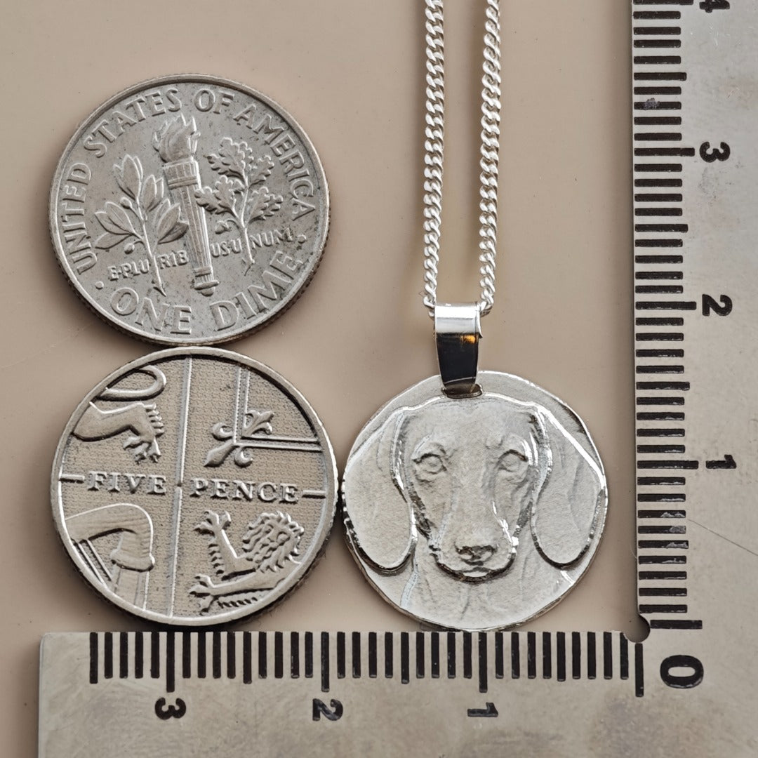 Smooth Haired Dachshund Coin Pendant Necklace, Recycled Sterling Silver