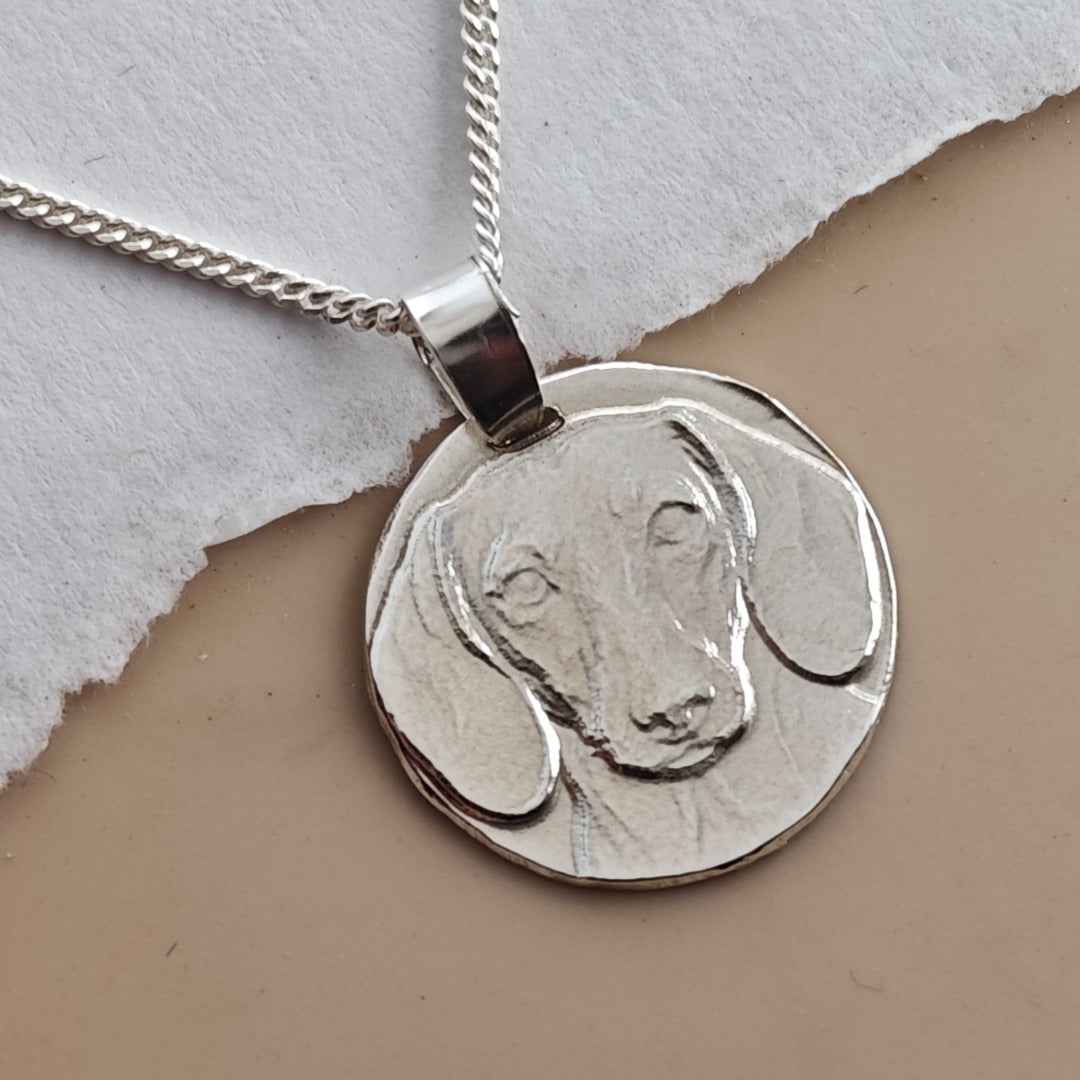 Smooth Haired Dachshund Coin Pendant Necklace, Recycled Sterling Silver