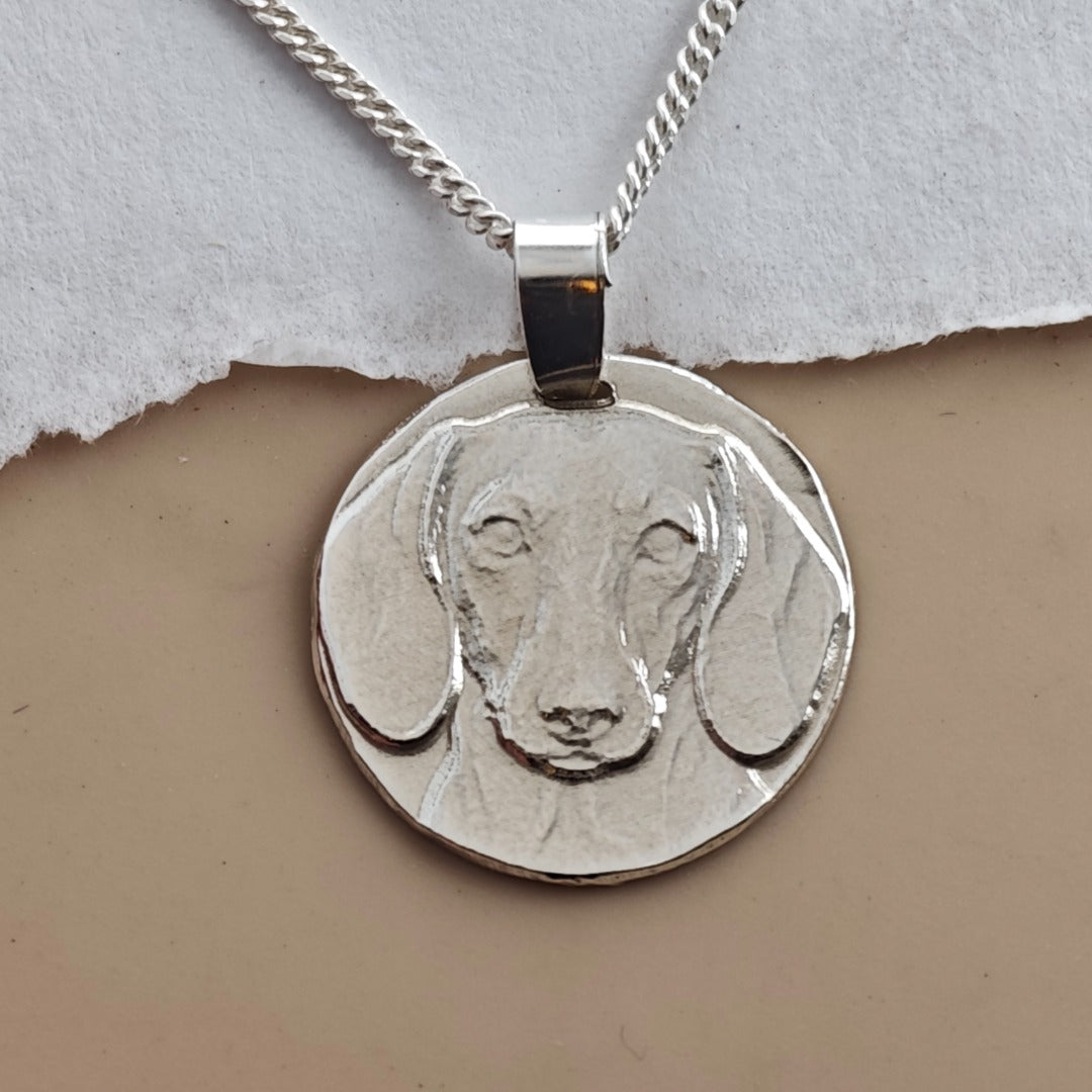 Smooth Haired Dachshund Coin Pendant Necklace, Recycled Sterling Silver